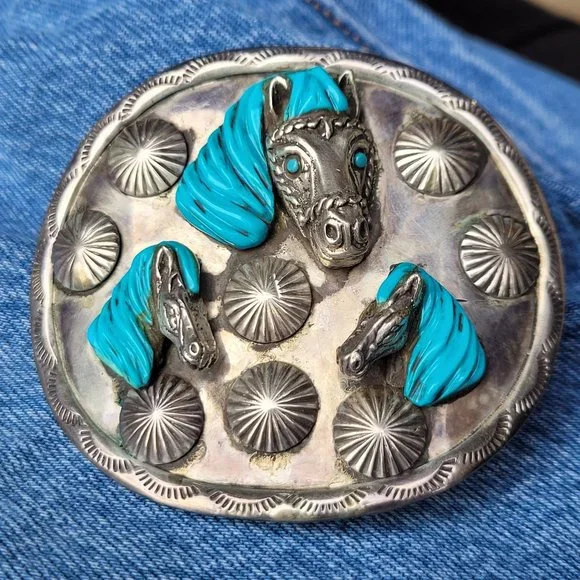 Sterling Silver and Turquoise Three Horse Head Belt Buckle Vtg Hand Made Sterling Silver Horse Head Turquoise Inlay  main image 2